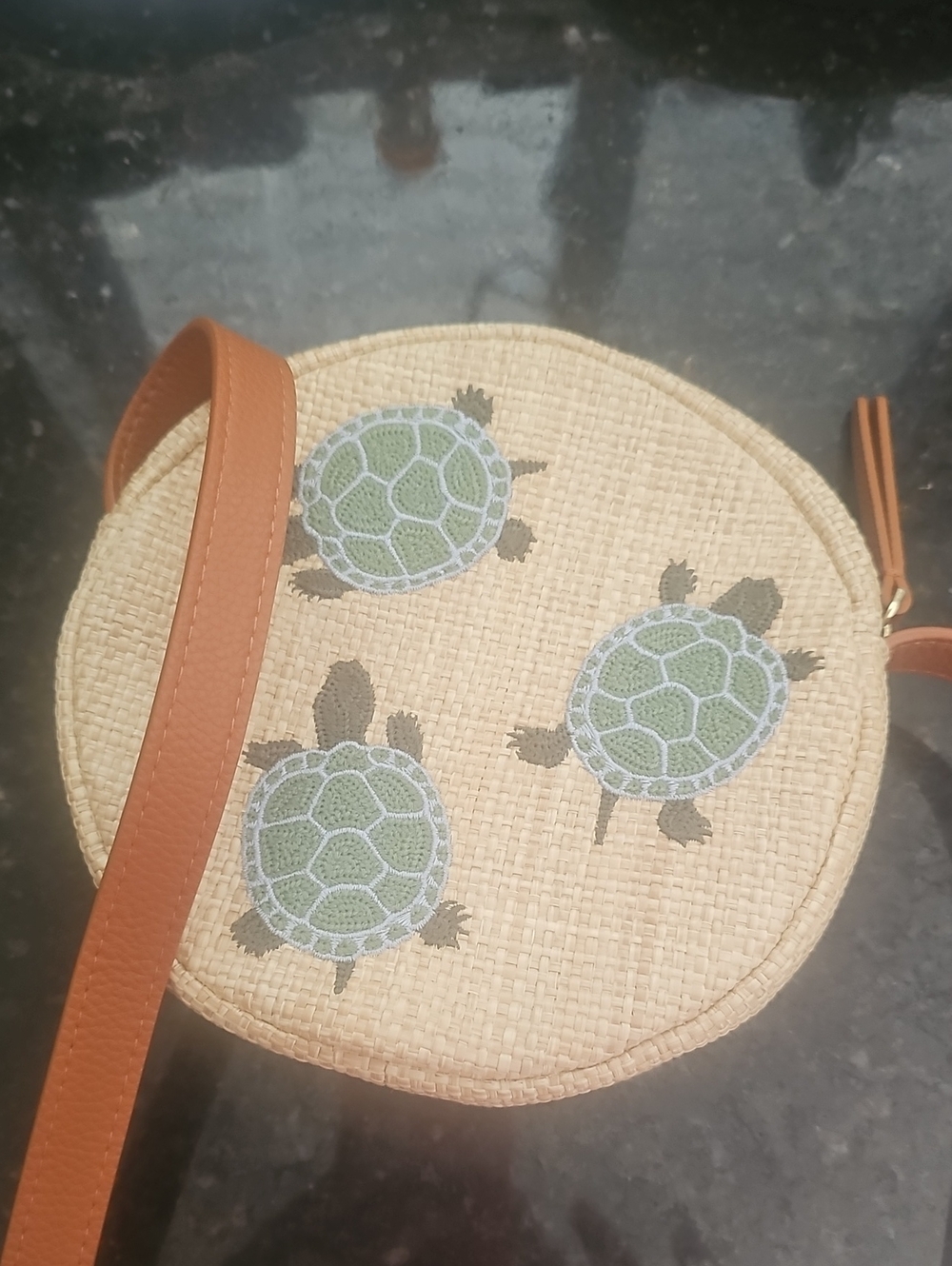 Vera Bradley Tan Round Crossbody with Green Turtle Embroidery